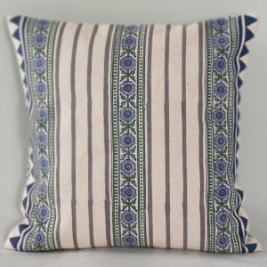 Handblock Printed Cotton Cushion Covers with Floral & Stripe Motifs 16 x 16 Inches (Set of 1)