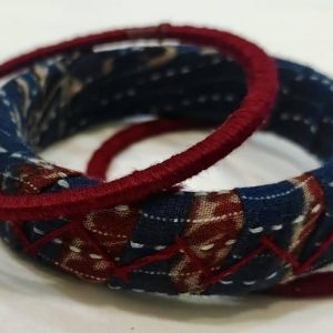Indigo & Maroon Kantha-Stitch Fabric Bangle Set