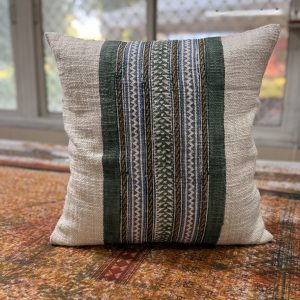 Artisan Hand-Woven Geometric Stripe Cushion Cover – Forest Green & Neutral Earth Tones