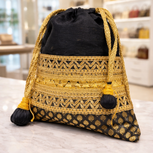 Potli Bag: Brocade with Round Base (Black & Gold)
