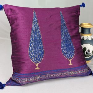 Handcrafted Dupion Silk Cushion Cover with Royal Cypress Motif | 16x16 Inches | Set of 1