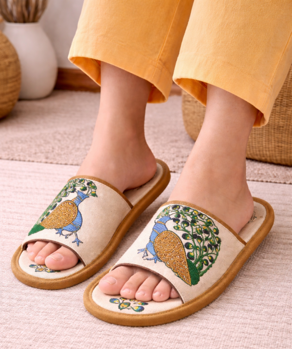 Embroidered peacock slippers