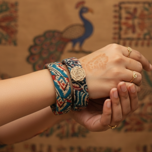 Handcrafted Kalamkari Fabric Statement Bangles with Jute Rosette Accent