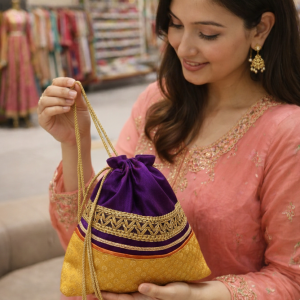 Potli Bag: Brocade with Round Base (Purple & Gold)