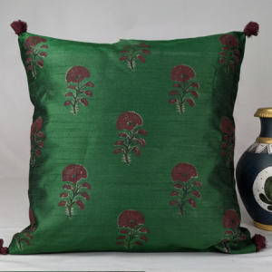 Handcrafted Dupion Silk Cushion Cover with Mughal Floral Motif in Emerald Green & Maroon | 16×16 Inches | Set of 1