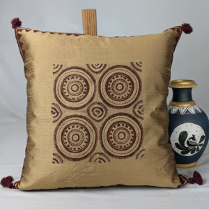 Handcrafted Dupion Silk Cushion Cover with Ethnic Circular Motif in Warm Gold & Maroon | 16×16 Inches | Set of 1