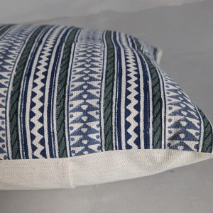 Handblock Printed Geometric Stripe Cushion Cover in Indigo & Green — 16 x 16 Inches (Set of 1)