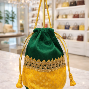 Potli Bag: Brocade with Round Base (Green & Gold)