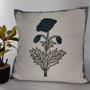 Handcrafted Botanical Cushion Cover with Blue Floral Motif (Set of 1)