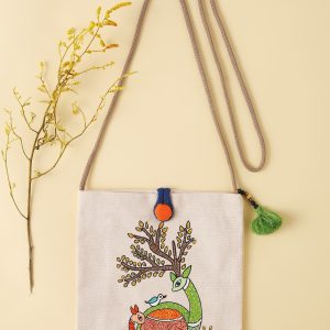 Handprinted Folk Art Sling Bag with Nature Moti﻿f