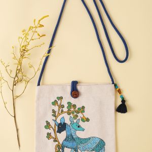 Handcrafted Folk Art Sling Bag with Blue Deer Motif