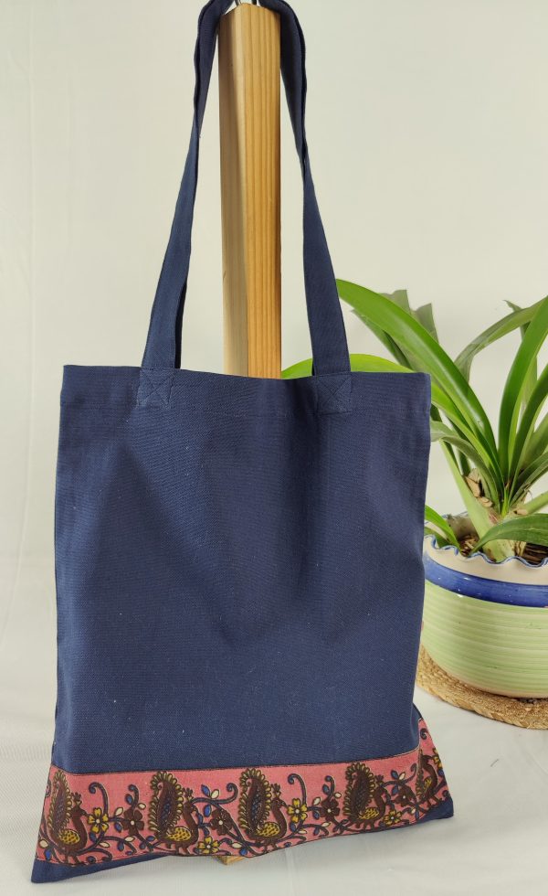 Tote Blue with Kalamkari pink border