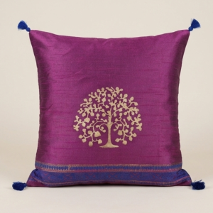 Handcrafted Dupion Silk Cushion Cover with Tree of Life Motif – Fuchsia | 16x16 Inches | Set of 1