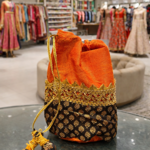 Potli Bag: Brocade with Round Base (Orange & Gold)
