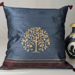 Handcrafted Dupion Silk Cushion Cover with Tree of Life Motif | Blue | 16x16 Inches | Set of 1