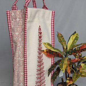 Hand Block Printed Cotton Bottle Cover with Checked Handles and Side Panel Detailing | 33.5 × 10.5 × 10.5 cm | Set of 1