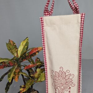 Handcrafted Cotton Bottle Cover with Floral Tree Motif and Checked Handles | 33.5 × 10.5 × 10.5 cm | Set of 1