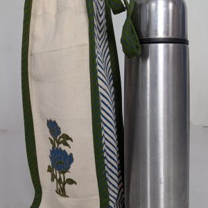 Handcrafted Cotton Bottle Cover with Blue Floral Motif and Green Striped Handles | 33.5 × 10.5 × 10.5 cm | Set of 1
