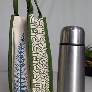 Handcrafted Cotton Bottle Cover with Blue Block Print and Green Striped Tie Handles | 33.5 × 10.5 × 10.5 cm | Set of 1