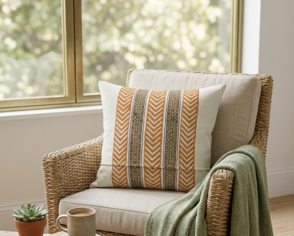 Elegant rustic cushion cover with warm mustard patterns and minimalist striped design, perfect for cozy and stylish home décor. Elegant rustic cushion cover with warm mustard patterns and minimalist striped design, perfect for cozy and stylish home décor.
