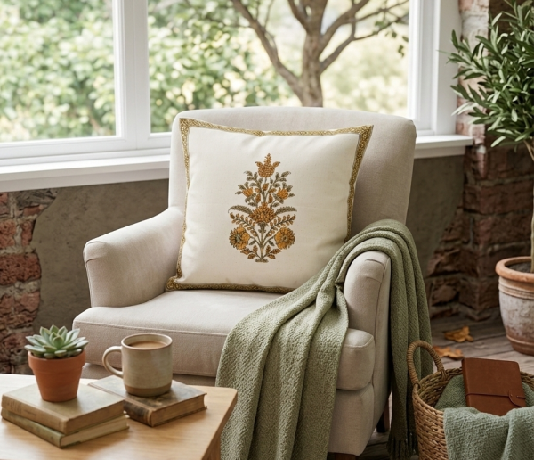 Minimalist cushion cover with elegant floral buta motif in warm earthy tones, perfect for adding a refined touch to home décor. Minimalist cushion cover with elegant floral buta motif in warm earthy tones, perfect for adding a refined touch to home décor.
