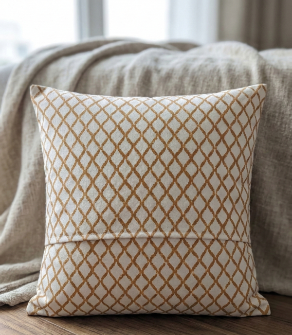 Minimalist cushion cover with elegant floral buta motif in warm earthy tones, perfect for adding a refined touch to home décor. Minimalist cushion cover with elegant floral buta motif in warm earthy tones, perfect for adding a refined touch to home décor.