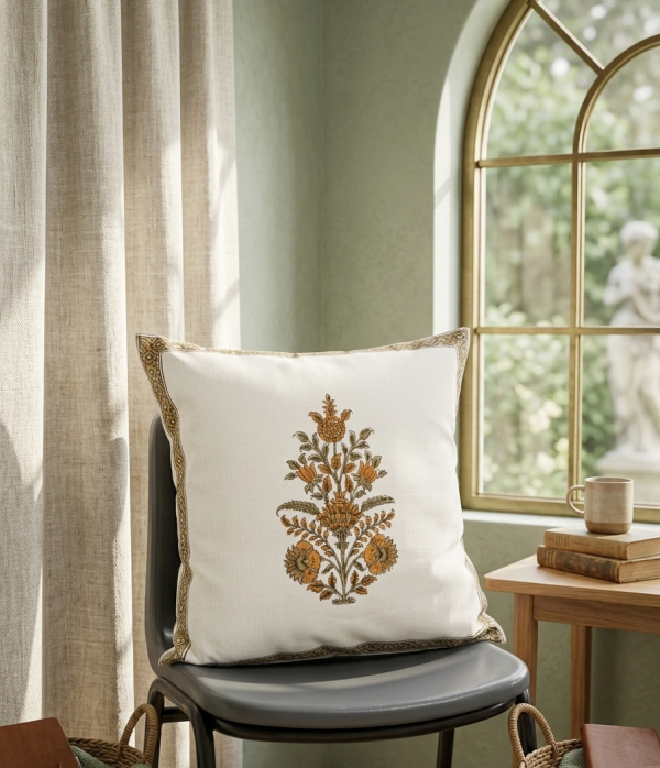 Minimalist cushion cover with elegant floral buta motif in warm earthy tones, perfect for adding a refined touch to home décor. Minimalist cushion cover with elegant floral buta motif in warm earthy tones, perfect for adding a refined touch to home décor.