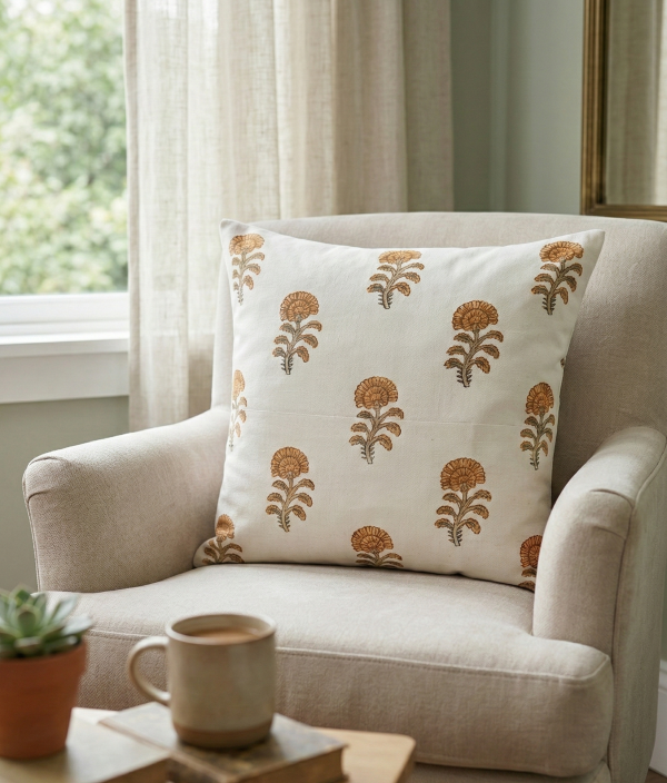Elegant Floral Block Print Cushion Cover Elegant Floral Block Print Cushion Cover