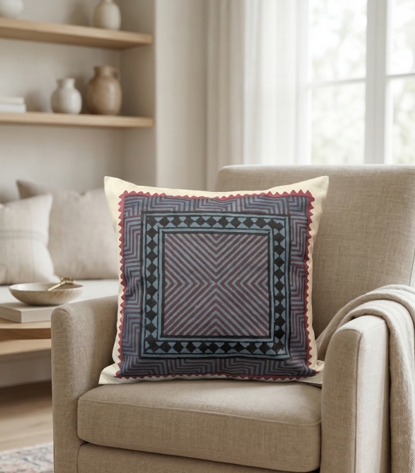 Indigo Maroon Geometric Block Print Cushion Cover Indigo Maroon Geometric Block Print Cushion Cover