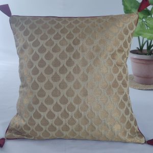 Handcrafted Dupion Silk Cushion Cover with Gold Leaf Motif – Elegant Beige | 16x16 Inches | Set of 1