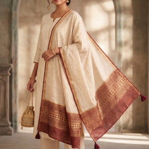 Regal Ivory & Gold Hand Blocked Chanderi Dupatta - Brick Red
