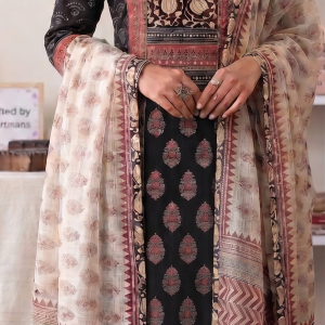 Ink-Black Block Printed Suit with Kalamkari Yoke & Kota Dupatta