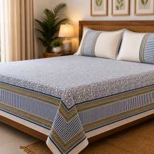 Hand Block Printed Glaze Cotton Off-White Bed Cover with Matching Pillow Covers
