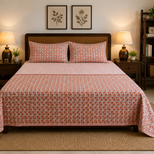 Coral Anar & Stripe Hand Block-Printed Glaze Cotton Bedspread Set